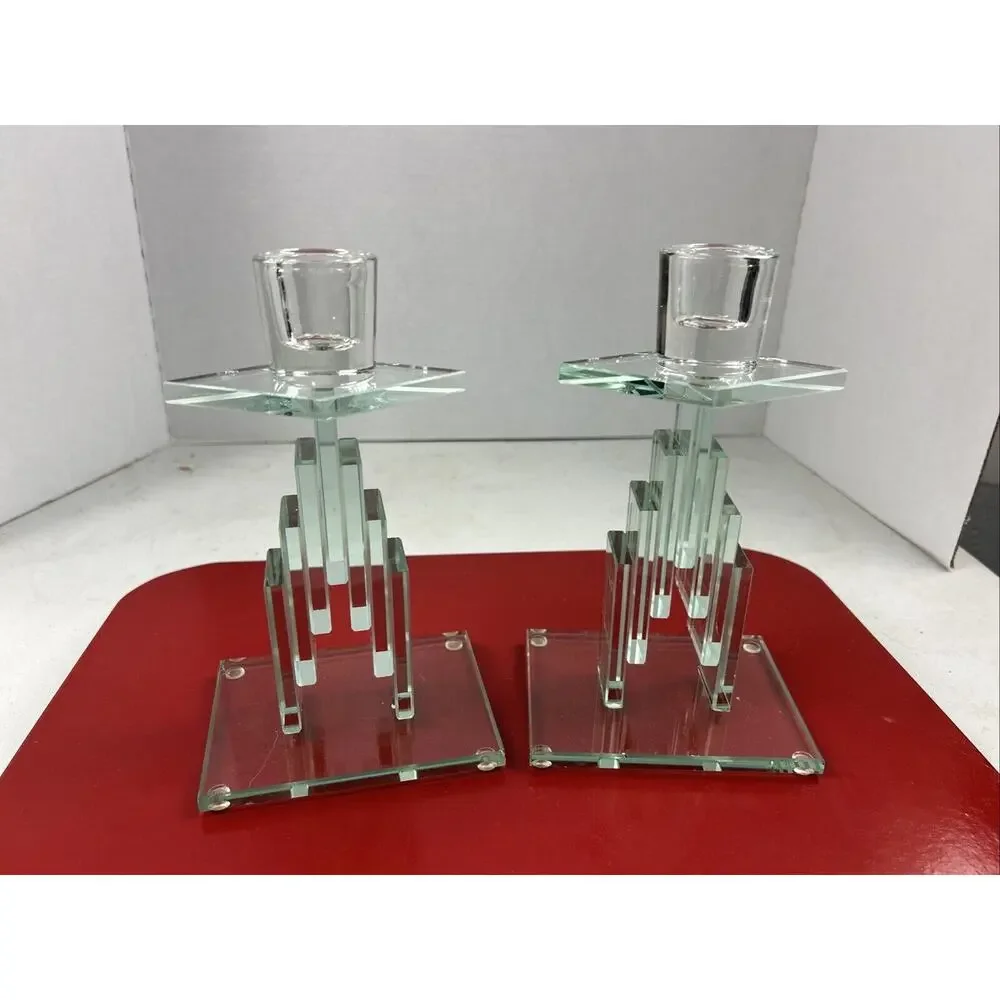 VTG Cut‎ Stacked Glass Candle Holders Art Modern Retro Crystal Heavywt Green 7.5